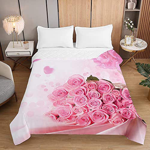 Chickwin Tagesdecke Bettüberwurf Steppdecke, Rose Blume Drucken Tagesdecken mit Präge Wohndecke aus Mikrofaser Gesteppt Bettdecke Bettbezug für...