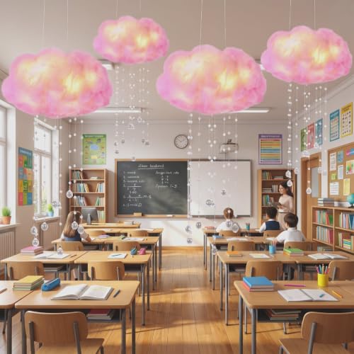 Marsui Artificial Cloud Props LED Hanging Pink Cloud String Light, 4 Pcs