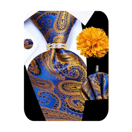 Image of 5PCS Mens Silk Designer Tie, Pocket Square, Cufflinks, Drilled Tie Ring and Lapel Pin Set for Wedding Groom Party
