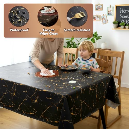 Image of sancua 100% Waterproof Vinyl Tablecloth 54x78 Inch, Rectangle PVC Table Cloth for Picnic, Oil-Resistant Spill-Proof Wipeable Table Cover for Dining, Kitchen, Parties, Indoor and Outdoor, Black Marble