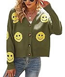 ebossy Womens Ribbed Knit Cardigans Slouchy Cute Smile Graphic Pretty Daisy Button-up Jacquard Knitted Sweater Coat (2X-Large, 01 Army-Green)