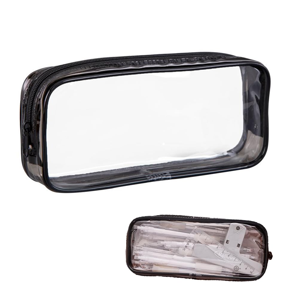 VNNOPG Clear Pencil Case See Through Pencil Case Waterproof PVC Pen Bag Stationery Pouch Versatile Storage Travel Cosmetic Bag，Black