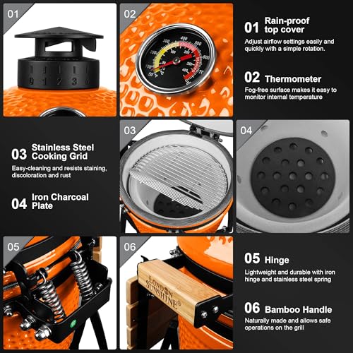 Image of London Sunshine 15-inch Ceramic Kamado Charcoal BBQ Grill & Smoker with Locking Casters, Foldable Side Shelves, Stainless Steel Grates, and Tall Stand (Orange)
