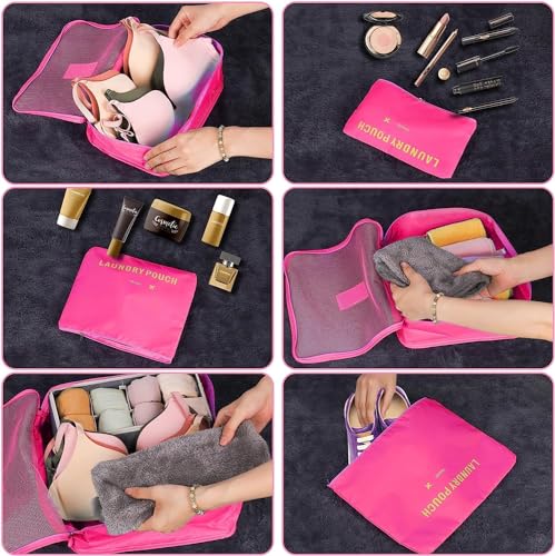 Image of 6 in 1 Polyester Secret Pouch Travel Bag Packing Cubes Laundry Bag with Undergarments & Cloth Storage Organizer Travelling Set /Suitcase Bag (PINK)