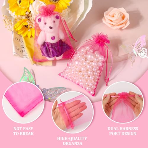 Image of Hopttreely 100pcs Organza Drawstring Gift Bags, 4 x 4.72 inch Mesh, Hot Pink Satin Pouch Wedding Party Favor Bags