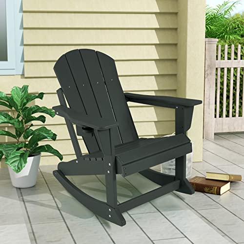 Abcpatio Adirondack Rocking Chairs Weather Resistant Outdoor Patio Chair With Cup Holder, Seat Width 21.6" Black #TOP5
