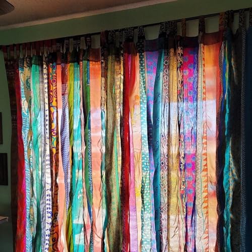VISHARA Boho Curtains Light-Filtering Curtain Handmade Set of 2 Sari