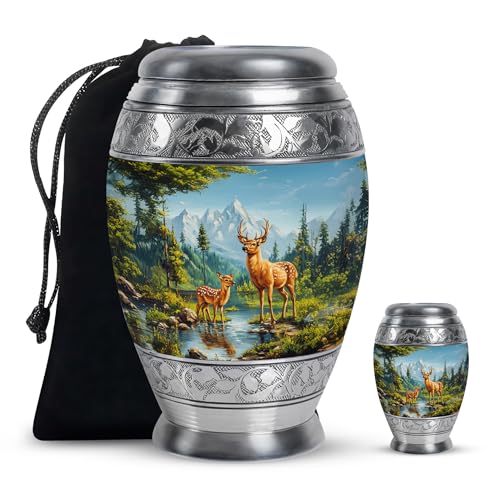 Image of Deer Urn - Small Cremation Urn for Ashes for Women & Men - Keepsake Funeral Urns for Male Dad - Combo of 10 Inch & 3 Inch