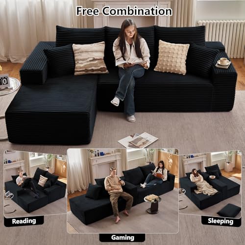 Image of 107 inch Cloud Sectional Couch with L-Shape Chaise, Modern Modular Comfy Sofa with Deep Seat, Upholstered Corduroy Couches Sleeper Chaise Longue for Living Room Bedroom, No Assembly Required, Black