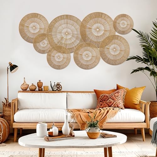 YIYA Set of 8 Boho Wall Decoration Jute Wall Decor Baskets Round Hand Woven Wicker Rattan Wall Art for Living Room Farmhouse Bedroom Nursery - 3