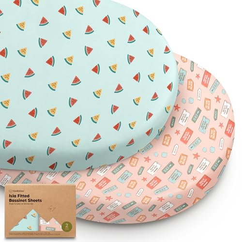 Image of 2-Pack Baby Bassinet Sheets Girl, Boy - 33x17 Viscose Derived from Bamboo Bedside Mattress Fitted Bassinet Sheets, Compatible with Halo Bassinest Swivel Sleeper, Baby Delight, Graco (Beach Day)