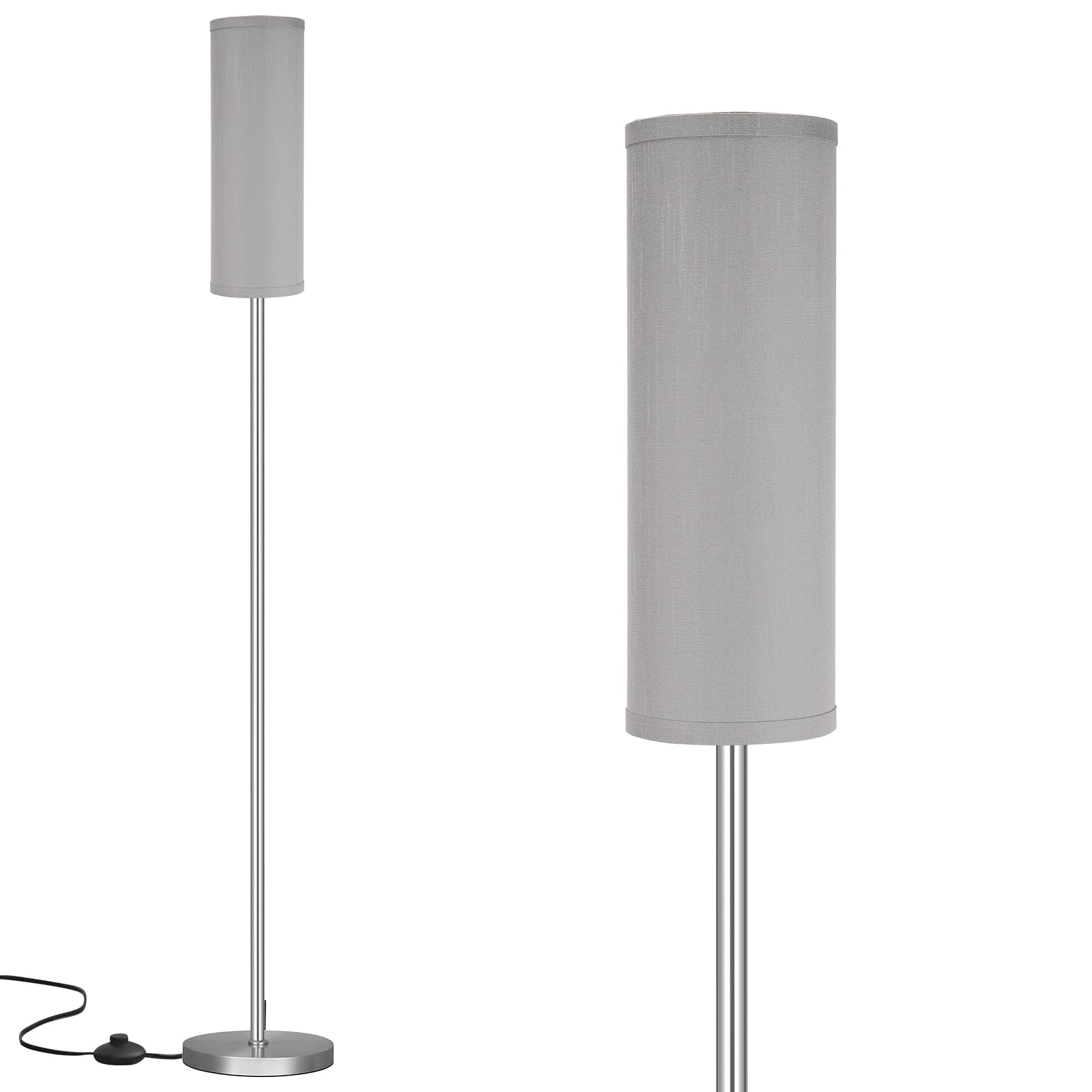 Ambimall Floor Lamp for Living Room - Pole Lamps for Bedrooms, Silver Standing Lamps with Grey Shade, 65'' Tall Lamp for Office, Minimalist Floor Lamp for Home Decor