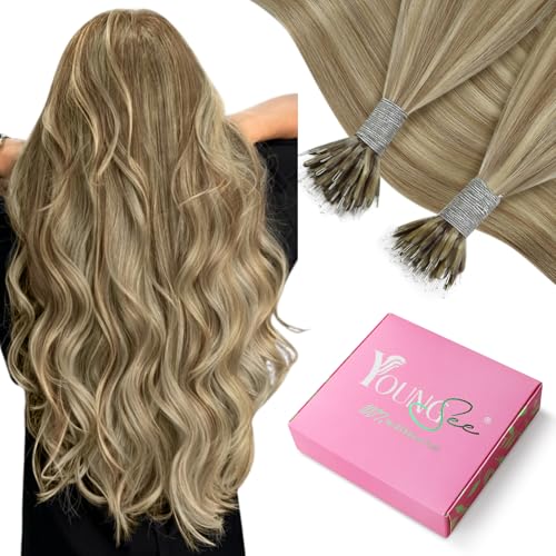YoungSee Nano Tip Hair Extensions Highlight Light Brown Nano Bead Hair Extensions Light Brown Highlight Platinum Blonde Hair Extension Nanoring Smooth Texture Remy Hair 22 Inch 50 Strands 50g