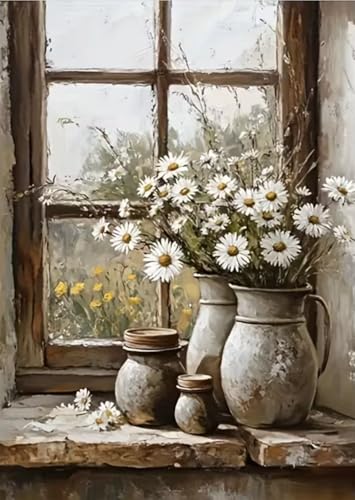 Image of MYBISYMQQ Windowsill Daisies Cross Stitch Kits for Adults Beginners - 11CT Stamped Vintage Floral Vase Embroidery Kit, DIY Pre-Printed Needlepoint Patterns for Home Wall Art Decor, 15.7x11.8 Inches