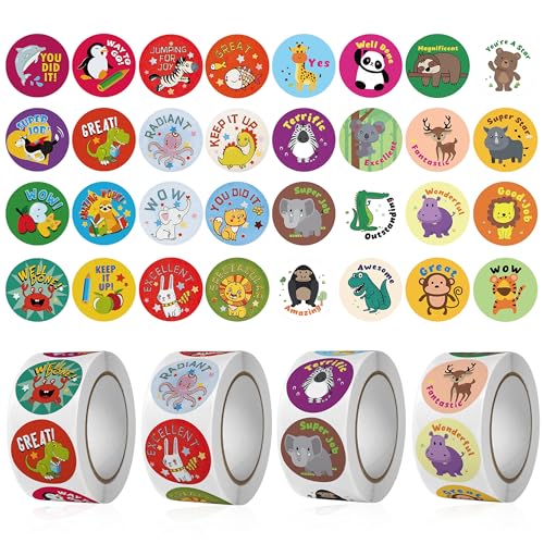 2000 Pegatinas de Recompensa - 4 Rollos de Motivación Autoadhesivas con Animales para Profesor, Escuela, Estudiante y Padres
