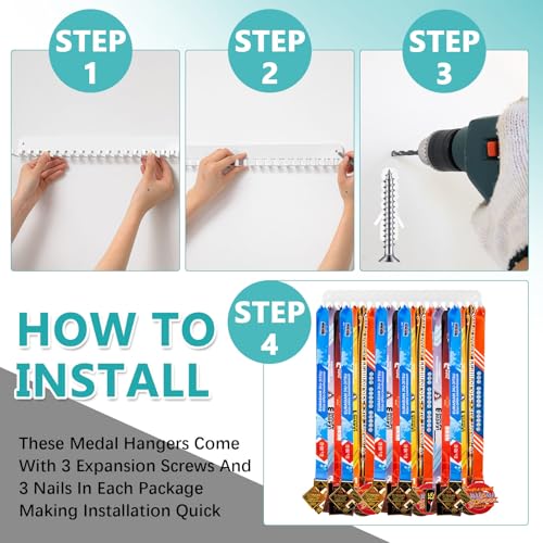 Image of Geetery 4 Pack Medal Hanger Display with 20 Hooks Each, Sturdy Steel Wall Mount Medal Holder Rack Holds 60+ Awards for Gymnastics Marathon Sport Runner Soccer Wrestle Swim, Easy to Install
