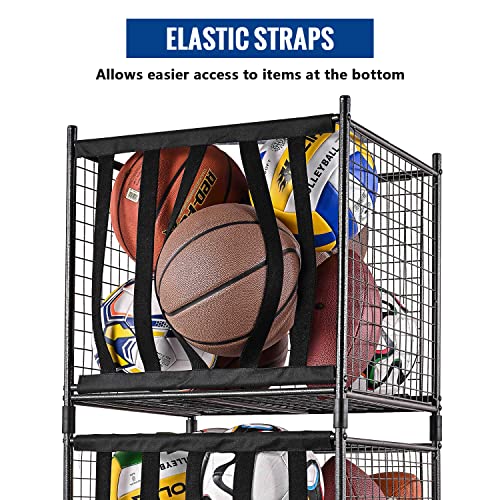 Mythinglogic Rolling Sports Ball Storage Cart, Sports Lockable Ball Storage Locker with Elastic Straps, Stackable Ball Cage for Garage Storage Garage Organizer (2 Sets