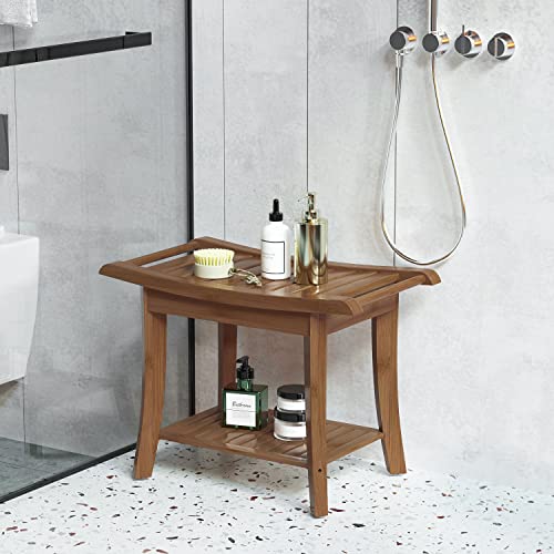Bamboo Shower Bench Inside Shower Stool With Space-Efficient Storage Shelf, Shower Bath Chairs Spa Seats For Bathroom - Great For All Ages Unisex Elderly (Waterproof, Walnut) #TOP1