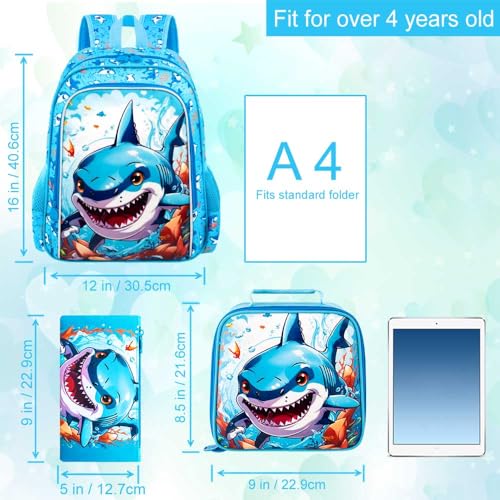 Image of CCJPX 3PCS Shark Backpack for Boys, 16 Inch Kids Water Resistant Preschool Bookbags, Cool Kindergarten School Backpacks and Lunch Box