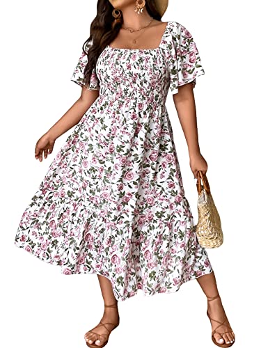 Floerns Women's Plus Size Floral Print Tie Front Square Neck Slit Hem Midi Dress White Purple Floral 3XL