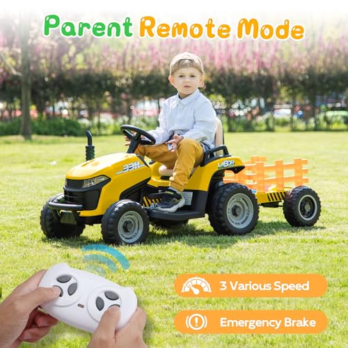 Image of ANPABO 24V Ride On Tractor for Kids w /Detachable Trailer, EVA Tires, Yellow