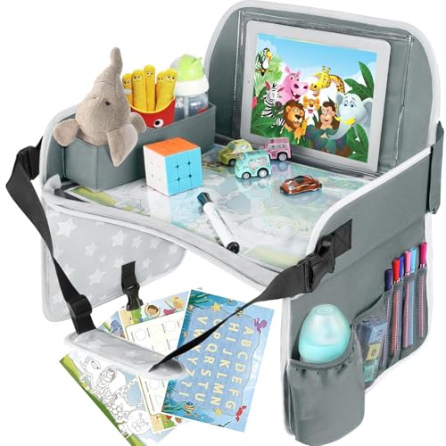 Image of MENZOKE Kids Travel Tray for Toddler Car Seat, Toddler Gift for Boy Activities with Dry Erase Board & iPad Holder Stand, Road Trip Essentials Accessories Lap Tray for Boy as Birthday Gift, Grey