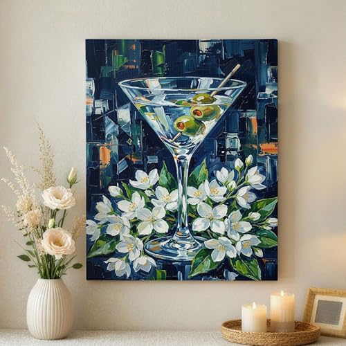 Tableau verre à vin design floral bleu et blanc 41x51 cm pour salon moderne