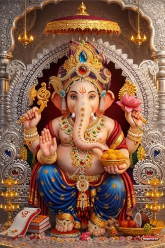 Image of Rangoli Lord Ganesha Self Adhesive Poster 12x18 Inch | Ganpati Bappa Hindu God Wall Sticker Poster for Home Temple Pooja Room Living Room Office Decor | Spiritual Devotional Wall Art