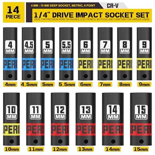 Image of 14 Piece 1 /4 inch Drive Impact Socket Set, 4 mm - 15 mm Deep Socket, Metric, 6 Point, CR-V, Auto Repair Bicycle Maintenance and Furniture Assembly