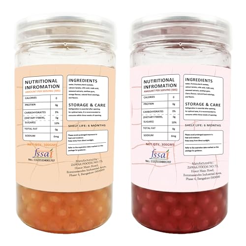 Image of Zawaa Boba Tea Assorted Popping Boba Pearls - Orange & Cherry | 300g Each (Pack of 2) | Bursting Bubble Tea Pearls
