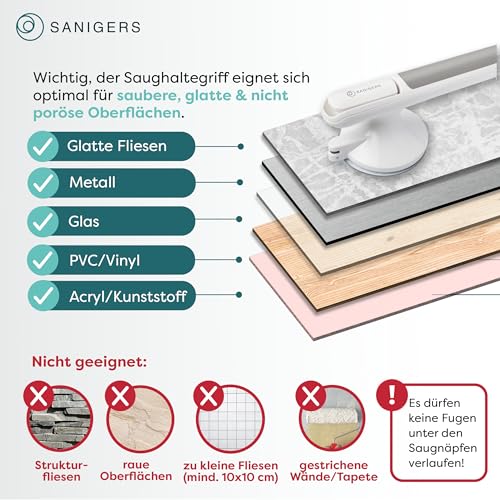 SANIGERS® Haltegriff mit Saugnapf I EXTRA STARKER HALT 110 KG I 33 CM Haltegriff Dusche ohne Bohren, Haltegriffe für Senioren, Badewannengriff ohne Bohren, Duschgriff mit Saugnapf, Sauggriff Bad