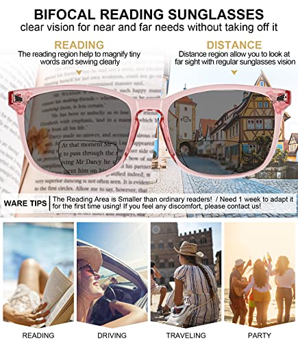 MARE AZZURO Bifocal Reading Sunglasses Women Trendy Square Outdoor Readers 1.00 1.50 2.00 2.50 3.00 3.50 4.00 (Pink, 200)3