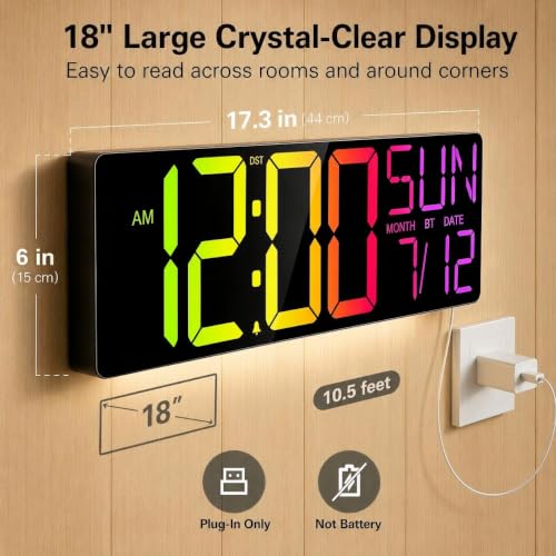 JALL 18" Large Digital Wall Clock with 5.4-inch Big Numbers for Classroom, 12 RGB Wall Clock with Date and Temp for Teachers Seniors, Digital Clock for Room Decor, Black - Image 2