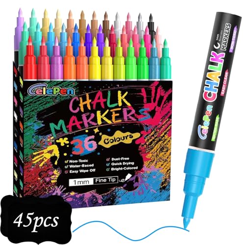 Extra Fine Tip Liquid Chalk Markers for Chalkboard 36 Colors Window Liquid Chalk Marker Pens with 1mm Fine Tips Washable Erasable Wet Erase Marker Pens Set for Bistro Car Glass Poster Blackboard
