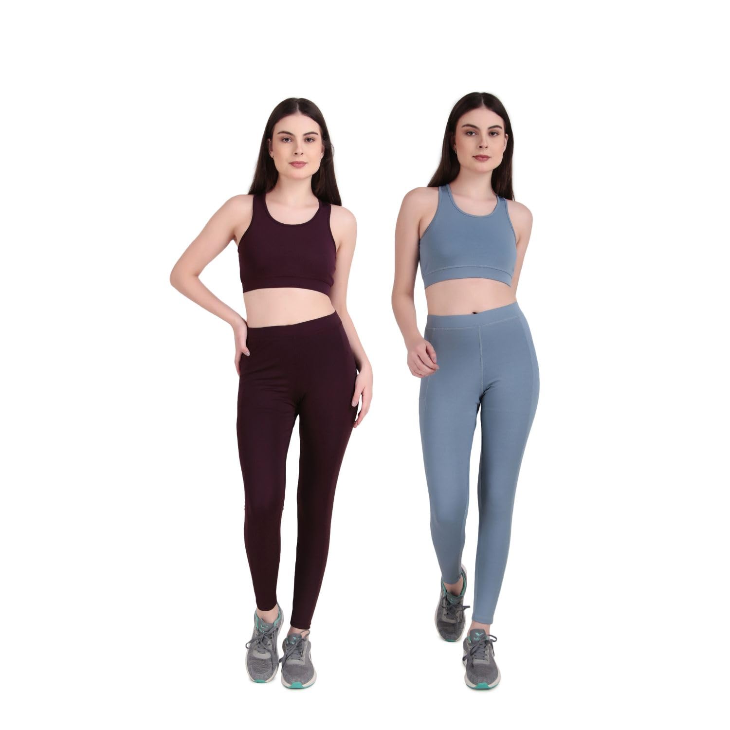 Women’s High Waist Tracksuit | Workout Set Fitness Gymwear Top & Bottom Set | Activewear Yoga Outfit | Leggings Bra Set for Sports/Running/Exercise (IN, Alpha, L, Regular, 2, Wine-Light Blue)-image-46