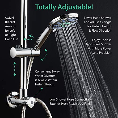 Spa Station 34" Drill-Free Slide Bar With 48-Setting Anti-Clog Showerhead Combo & Led Temperature Display / 3-Way Rain & Handheld Shower Head - Height Extension Arm - Stainless Steel Hose – Chrome #TOP4