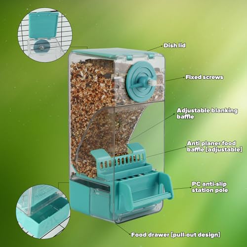 Image of Bird Feeder No Mess 2PCS Automatic Clear Bird Seed Food Container Acrylic Parrot Feeder Dispenser Cage Accessories for Parakeet Budgies Cockatoo Canary Love Bird (Blue)