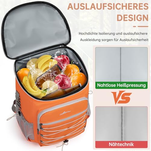 OUUTMEE Kühltasche 25L Thermo Rucksack Auslaufsicher, Kühlrucksack für 30 Getränkedosen (330 ml),für Wandern und Picknick, Praktisch & Leicht, Orange Farbe