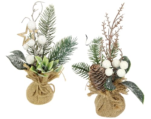 Künstliche Mini Weihnachtsbäume mit Beeren Zapfen Stern Tannenzweige...