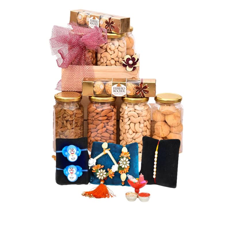 Image of NUTRI MIRACLE Rakhi Dry Fruit & Chocolate Gift Hamper I Ethnic Floral Bhai Bhabhi Pair I Kids Toy Rakhi I Pearl Dora I Tilak KitI Cookies,450gm