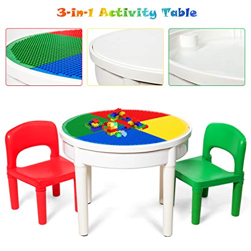 Costzon 3-in-1 Kids Activity Table and 2 Chairs Set, Plastic Building Blocks, Round