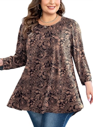 Tunic Tops for Women Plus Size 3/4 Sleeve Crew Neck Swing Flare Loose T-Shirt Blouses to Wear with Leggings