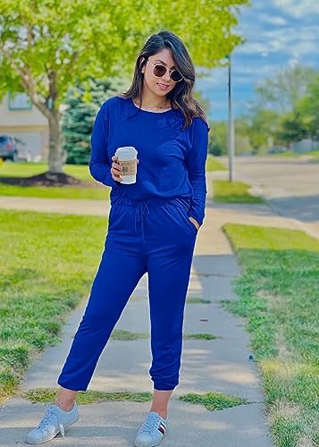 Image of PRETTYGARDEN Women's Two Piece Outfit Long Sleeve Crewneck Pullover Tops And Long Pants Tracksuit | Long Sleeve Shirts, Jogger Pants Pockets, Matching Track Suits, Fall Spring Comfy Clothes for Casual Outing, Cruise, Airport