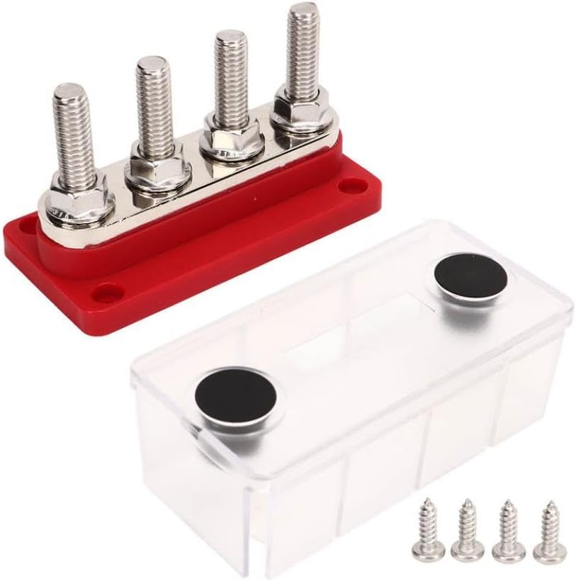 4 Post Power Distribution Block with Cover 3/8inch M10 Studs Bus Bar 300A DC12V to 48V Compatible with Car Boat RV Electrical Systems(RED)