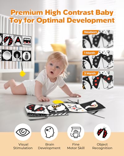 Image of Melican Black and White High Contrast Baby Toys 0-6 6-12 Months, Soft Book with Teether, Newborn Infants Tummy Time Toys, 0-3 3-6 Month Sensory Visual Stimulation, Montessori Learning Essentials