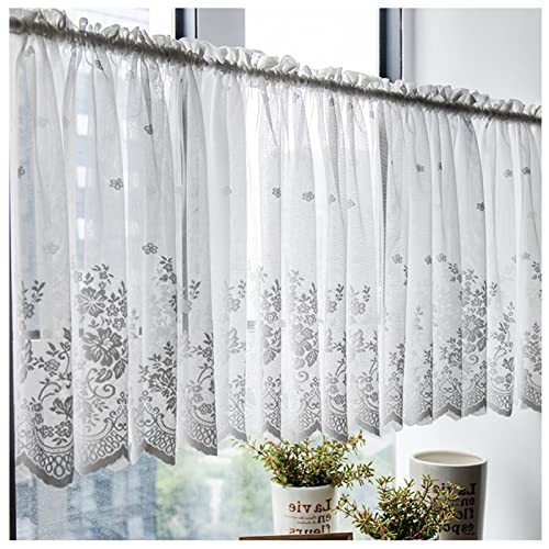 TAEOVXD Cenefa de Gasa Transparente con Encaje para Cocina, Cenefa de Cortina con Bordado Floral y Bolsillo para Varilla para cafetería, baño y Dormitorio