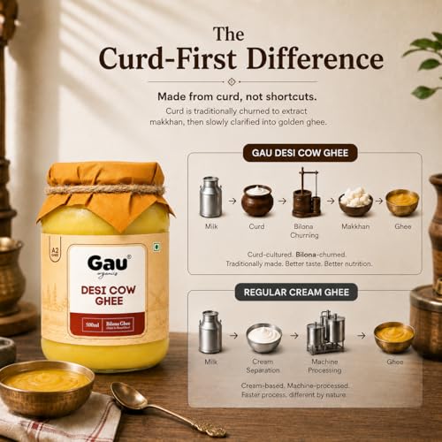 Image of Gau Organics Cow Ghee, Pure and Natural, Hand Made Curd Churned Desi Ghee, Gluten Free, Lactose- Free Cow Ghee, No Preservatives and Chemical-Free Organic Ghee (500 ML)