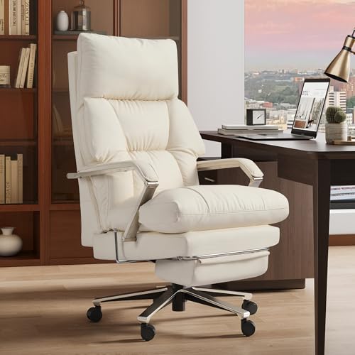 OKUP M76 160° Reclining Office Chair with Footrest, 10' Thick Cloud Cushion Executive Desk Chair, Extra Wide Cross-Legged Ergonomic Chair for Big and Tall, Adjustable Seat Depth, Easy Assembly, Cream