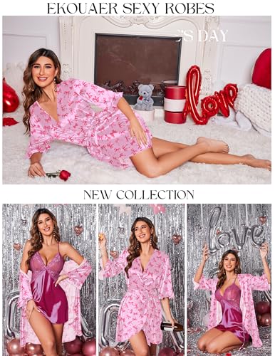 Image of Ekouaer Women's Satin Robe Valentines Lingerie for Women Kimono Bathrobe Short Ruffle Belted Robes Bridesmaids Sleepwear
