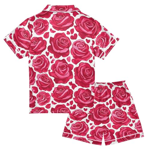 Romantic Rose Love Heart Pajamas Set Summer Button Down Sleepwear Pjs Sets Comfy Loungewear2